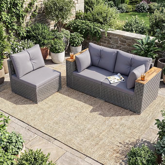 Tangkula 86.5" Large 3-Seat Patio Wicker Sofa, 3 Pieces PE Rattan Sectional Furniture Set with Cup Holders & Wood Armrest, Outdoor Couch Set with Armless & 2 Corner Sofas for Garden, Yard, Porch, Grey