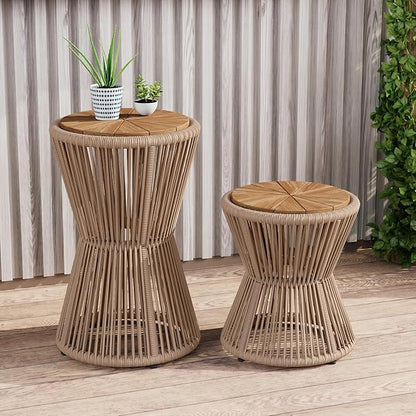 Christopher Knight Home Nara Acacia Wood Outdoor Side Table Set of 2, Hourglass Shaped with Metal Frame+Woven Rope, Outdoor End Table, Garden Plant Stand Indoor, No Assembly Needed, Beige+Light Teak
