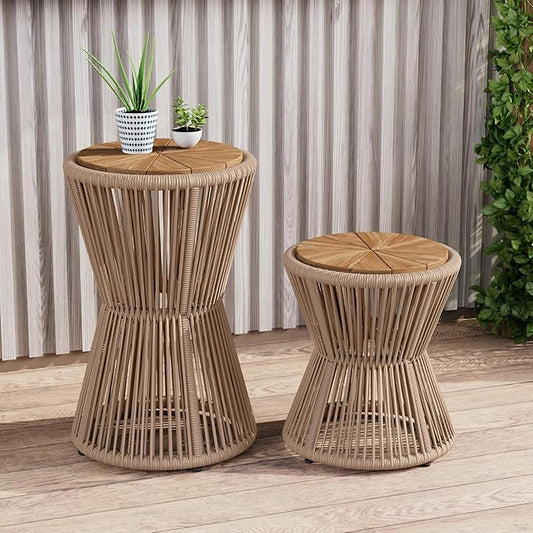 Christopher Knight Home Nara Acacia Wood Outdoor Side Table Set of 2, Hourglass Shaped with Metal Frame+Woven Rope, Outdoor End Table, Garden Plant Stand Indoor, No Assembly Needed, Beige+Light Teak