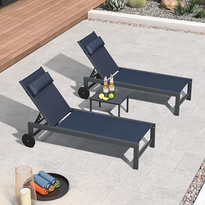 PURPLE LEAF Patio Lounge Chair Set of 3 Outdoor Chaise Lounger Aluminum Frame with Side Table and Wheels for Pool - Photo 1