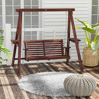 Outsunny 2-Seat orch Swing with Stand, Wooden Patio Swing Chair with Side Tables and Metal Chains, Outdoor Hanging Bench for Garden, Poolside, Backyard, Carbonized