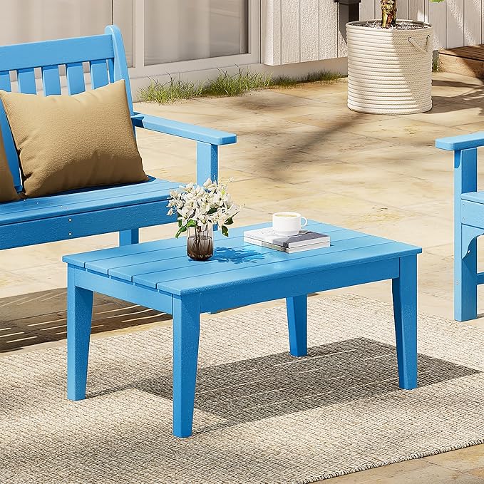 Costaelm Adirondack Outdoor Coffee Table, HDPE Drink Table Weather Resistant, Patio Porch Accent Balcony Table Outdoor End Table for Pool, Seaside, Backyard, Pacific Blue