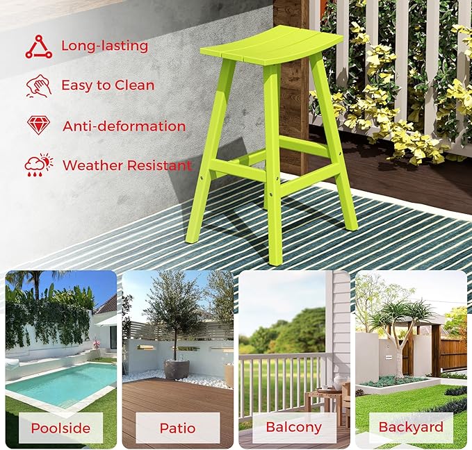 Costaelm All-Weather Bar Stools Set of 3, 29" Height Outdoor Bar Stools, Adirondack Poly Patio Bar Stool for Patio, Deck, Kitchen Counter and Garden, Lime