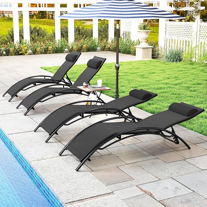 Tangkula Lounge Chairs Outdoor Set of 2, Heavy-Duty Patio Chaise Lounges with 5-Position Backrest & Breathable Seat Fabric, Outside Beach Pool Sunbathing Recliner for Backyard, Poolside (Black)