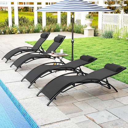 Tangkula Lounge Chairs Outdoor Set of 2, Heavy-Duty Patio Chaise Lounges with 5-Position Backrest & Breathable Seat Fabric, Outside Beach Pool Sunbathing Recliner for Backyard, Poolside (Black)