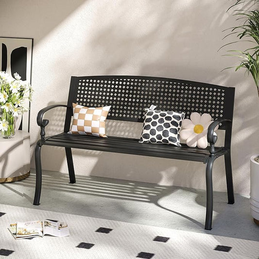 VICLLAX 50” Outdoor Garden Bench with Armrests and Backrest, Waterproof Patio Metal Bench for Park, Porch, Backyard, Square Pattern Back
