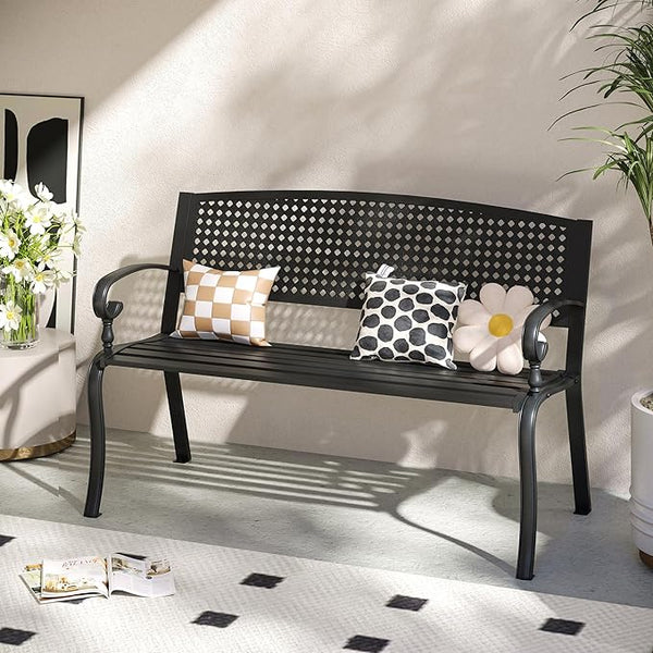 VICLLAX 50” Outdoor Garden Bench with Armrests and Backrest, Waterproof Patio Metal Bench for Park, Porch, Backyard, Square Pattern Back