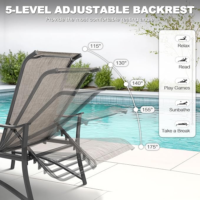 NUU GARDEN Textilene Metal Outdoor Lounge Chairs Set of 2, Adjustable 5-Position Recliner, All-Weather Patio Chaise for Pool, Backyard, Lawn, Beach, Sunbathing–Black Brown