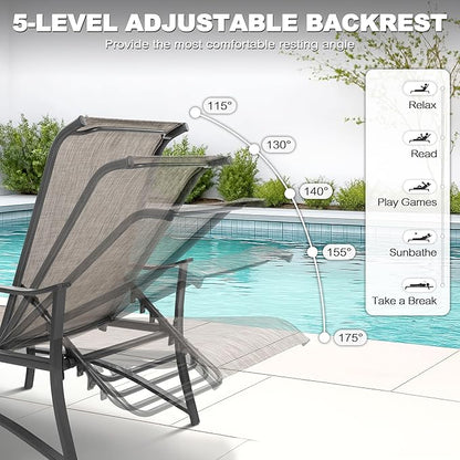 NUU GARDEN Textilene Metal Outdoor Lounge Chairs Set of 2, Adjustable 5-Position Recliner, All-Weather Patio Chaise for Pool, Backyard, Lawn, Beach, Sunbathing–Black Brown