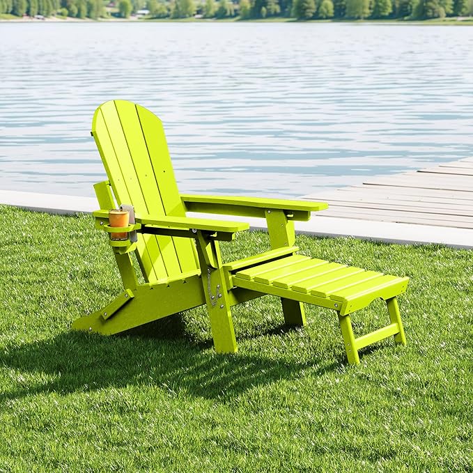 WestinTrends Malibu Folding Adjustable Adirondack Chair with Retractable Ottoman and Cup Holder, Lime