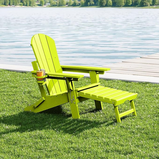 WestinTrends Malibu Folding Adjustable Adirondack Chair with Retractable Ottoman and Cup Holder, Lime