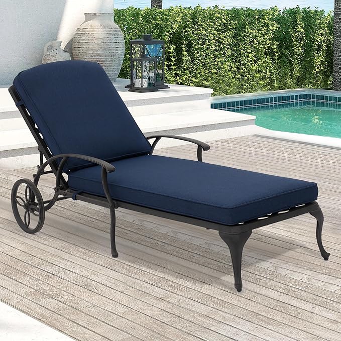 Chaise Lounge Chair Outdoor- Patio Pool Chairs Tanning Lounges for Outside Beach Lounger Cast Aluminum with Navy Blue Cushion 1Pack