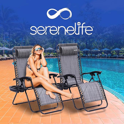 SereneLife Zero Gravity Lounge Chairs Set of 2, Adjustable Outdoor Recliner Chairs with Lockable Positions, Side Table Cup Holders, Padded Headrest Pillows, Foldable Steel Frame Patio Chairs (Gray)