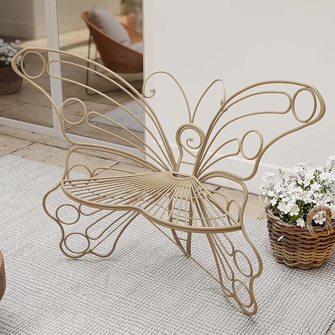 Brown Cute Butterfly Benches for Outdoors, Pretty Garden Bench & 50" Metal Outside Bench, Front Porch Benches Outdoor with Sturdy Frame for Lawn Yard Balcony (Brown)