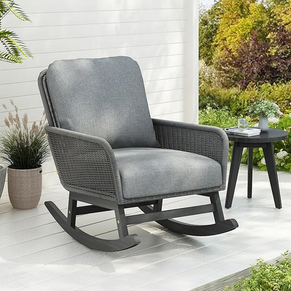 Outdoor Wooden Rocking Chair, Patio Rocking Chair with Soft Cushions & Wood Leg - Photo 1