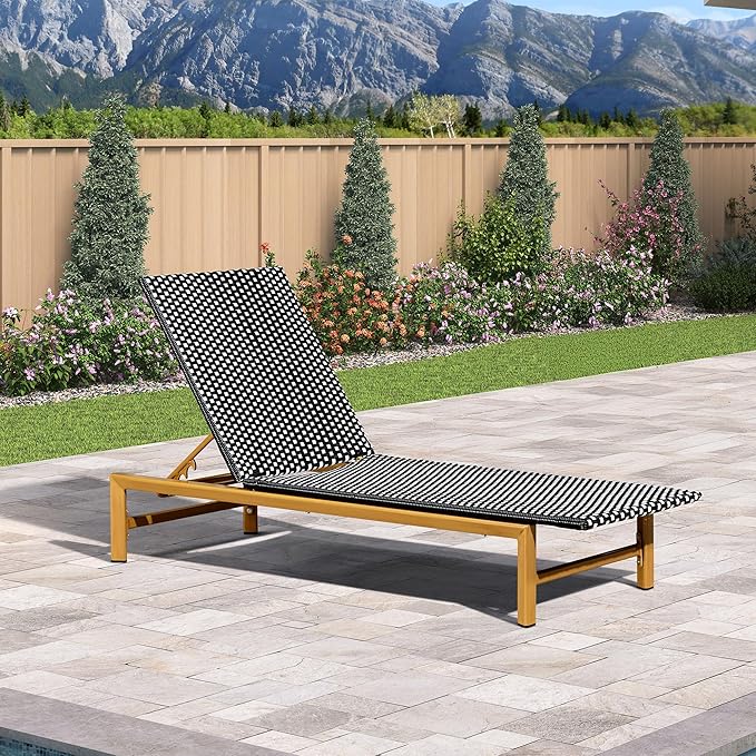 PURPLE LEAF Patio Chaise Lounge French Outdoor Lounger 1 Piece Wood-Grain Finish Aluminum Wicker Lounge Chair with Adjustable Backrest for Pool Garden Beach and Backyard White and Black