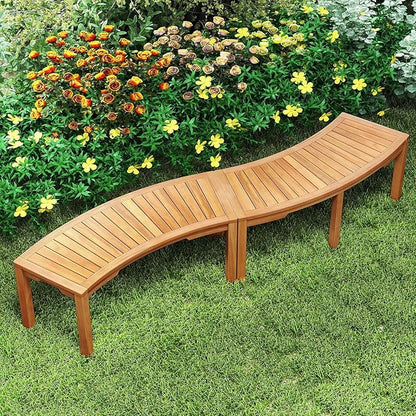 Moccha Outdoor Curved Bench, Acacia Wood Fire Pit Bench w/Slatted Seat, Loveseat, Outside Chair, Patio Backless 2-Person Seating for Balcony Yard Deck Porch 800 LBS Max Load (2, Natural)