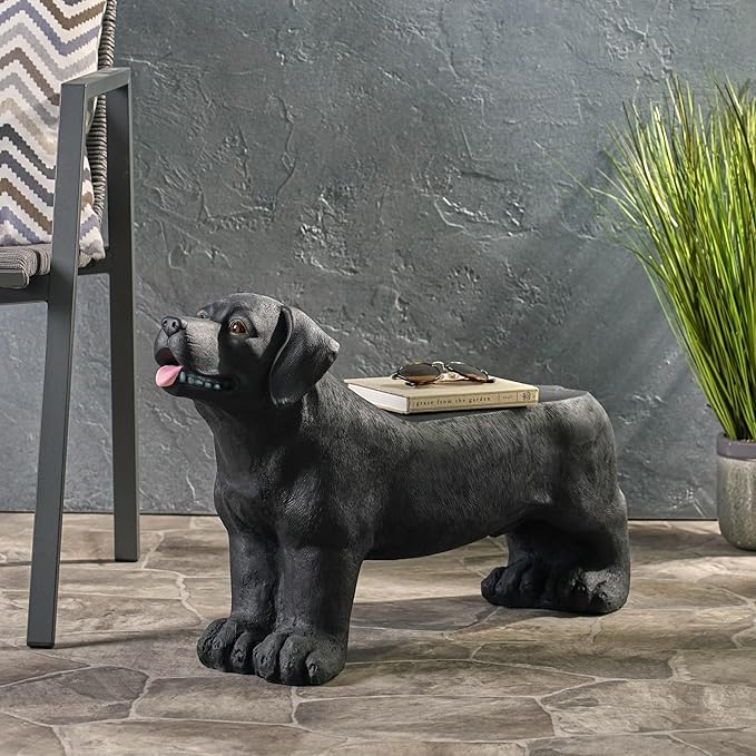 Outdoor Dog Bench 31.5" Labrador-Shaped Concrete Garden Bench for Patio & Yard Lightweight & Weather-Resistant, No Assembly Required, Black
