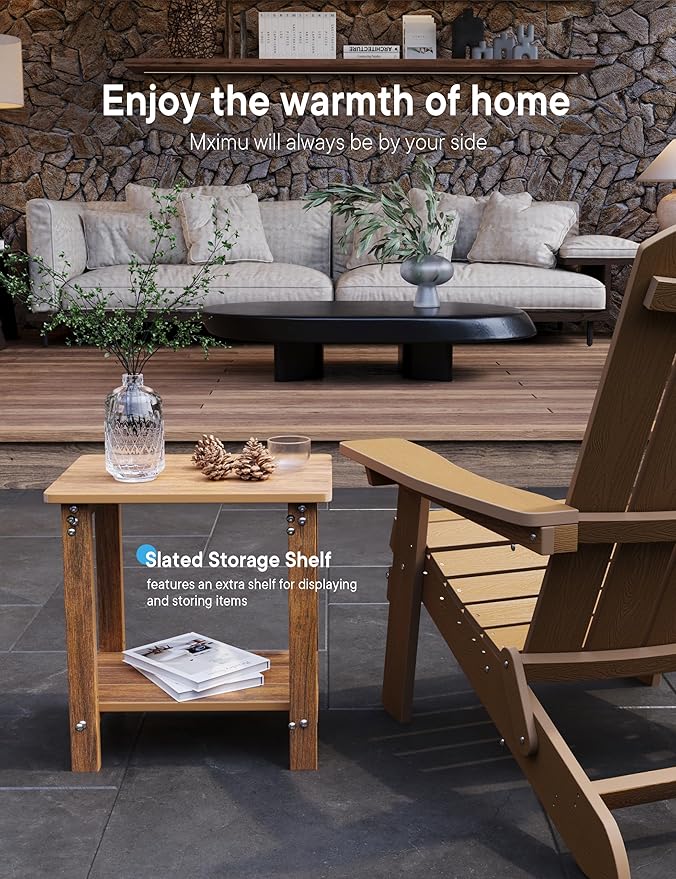 MXIMU Outdoor Side Table for Patio: 16" HIPS Weatherproof Adirondack Table Set of 2 - Small End Tables with Storage for Outside Porch Deck Pool Lawn Garden - 2 Tier Easy Assembly No Maintenance Teak
