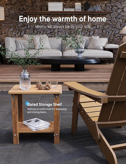 MXIMU Outdoor Side Table for Patio: 16" HIPS Weatherproof Adirondack Table - Small End Tables with Storage for Outside Porch Deck Pool Balcony Backyard - 2 Tier Easy Assembly No Maintenance Teak