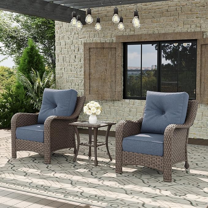 3 Piece Patio Furniture Set, All-Weather Wicker Outdoor Conversation Set with Rattan Chair and 6 Inch Thick Cushions - Photo 1