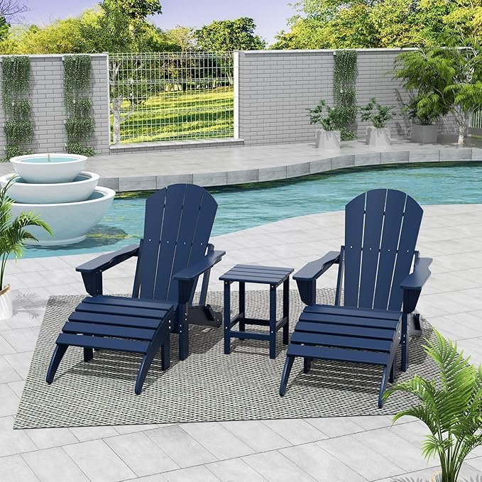 WestinTrends Malibu Outdoor Lounge Chairs Set, 5-Pieces Adirondack Chair Set of 2 with Ottoman and Side Table, All Weather Poly Lumber Patio Lawn Folding Chair for Outside, Navy Blue