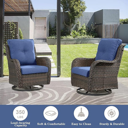 Belord 5 Piece Wicker Patio Furniture Set, Outdoor Swivel Rocker Chairs Set of 2 with Ottomans and 3 Seater Sofa, All Weather Patio Conversation Furniture Set, for Porch Pool, Brown Wicker/Blue