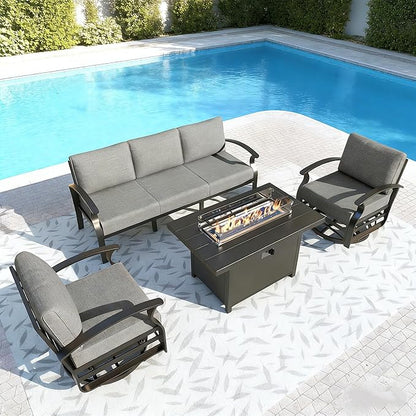 Gotland Aluminum Patio Furniture Set with Fire Pit Table, Metal Patio Furniture with 2 Swivel Rocking Chairs Waterproof 5.1'' Seat Cushions, Oversized Outdoor Sectional for Garden Balcony Porch Gray