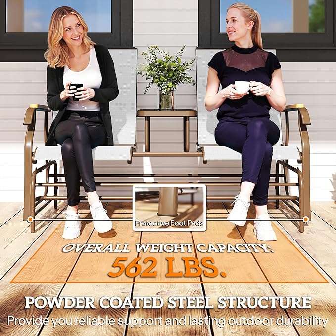 Outsunny 2 Person Outdoor Glider Bench, Patio Swing Glider Chair Loveseat with Breathable Mesh, Table, Steel Frame for Garden, Backyard, Porch, Cream White