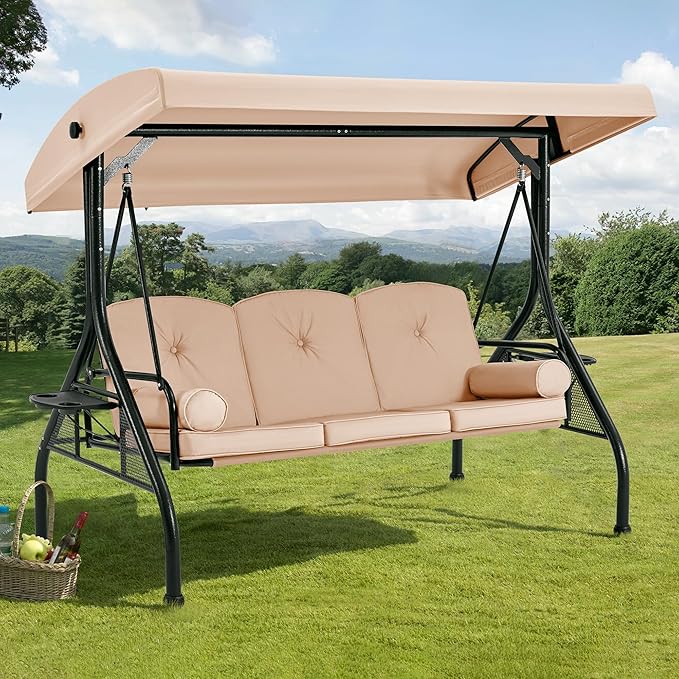 HOMREST 3 Seat Outdoor Porch Swing with Adjustable Canopy, Convertible Patio Swing Bed with Stand - Photo 9