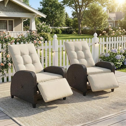 Green4ever 2-Peices Outdoor Patio Recliner with Adjustable Backrest, All-Weather Wicker Patio Chair with Side Table, 160° Lay Flat Patio Reclining Lounge Chair for Garden Backyard, Beige