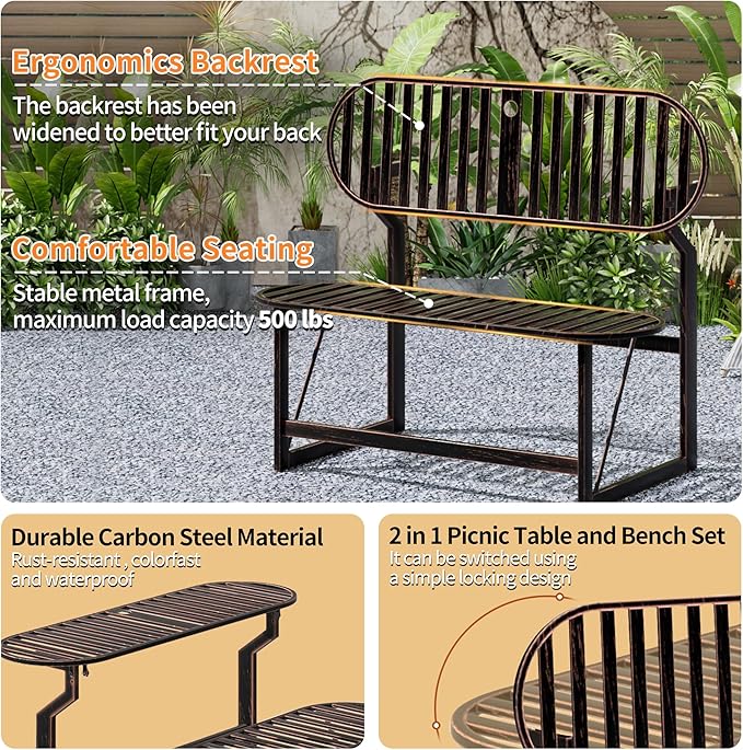 Convertible Bench, 2 in 1 Carbon Steel Picnic Table, Transforming Interchangeable Outdoor Table with Umbrella Hole, for Outside Patio Porch Backyard Park Garden 1 Pack Retro Brown Bench