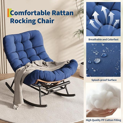 Outdoor Rocking Chair with Footrest, Oversized Patio Papasan Chairs with Cushion, Modern Lounge Rocker Chair for Indoor Living Room Garden Porch Balcony, Blue
