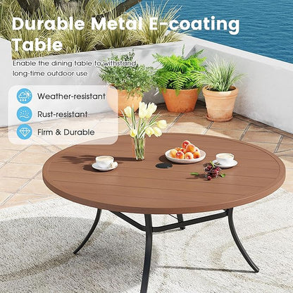 Patio Dining Table for 6-8, Round Metal Outdoor Table with 1.57" Umbrella Hole, 50" Outdoor Slat Tabletop Dining Table for Backyard, Porch, Lawn, Walnut