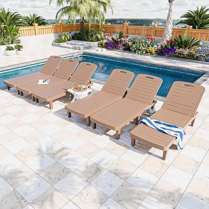 Outdoor Chaise Lounge Set of 6, 5-Position Adjustable Sun Lounge w/Pull-Out Tray, Waterproof PP Lounge Chairs for Outside, Lounge Chairs for Poolside, Patio, Beach, Yard in All Weather,Brown