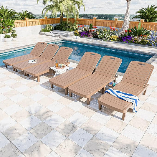 Outdoor Chaise Lounge Set of 6, 5-Position Adjustable Sun Lounge w/Pull-Out Tray, Waterproof PP Lounge Chairs for Outside, Lounge Chairs for Poolside, Patio, Beach, Yard in All Weather,Brown