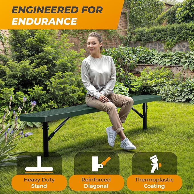 Heavy-Duty Outdoor Metal Bench, Thermoplastic-Coated, Inground, Weatherproof, Commercial-Grade for Parks, Gardens - Photo 4
