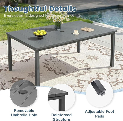 DIFY 63" Rectangle Outdoor Dining Table for 6, Slatted Metal Patio Table with Adjustable Umbrella Hole, All-Weather Patio Dining Table for Garden Backyard Deck, Grey Tabletop