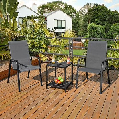 Yaheetech Patio Chairs Set of 2, Stackable Outdoor Dining Chairs with Breathable Fabric and Heavy-Duty Iron Frame for Lawn, Backyard, Deck, 300 lbs Capacity, Gray
