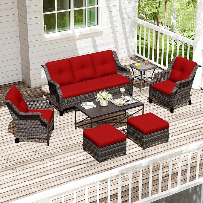 Wicker Patio Furniture Sets, 7 Pieces Outdoor Furniture with Patio Chairs, Outdoor 3-Seater Sofa, Ottoman, Coffee Table - Photo 8