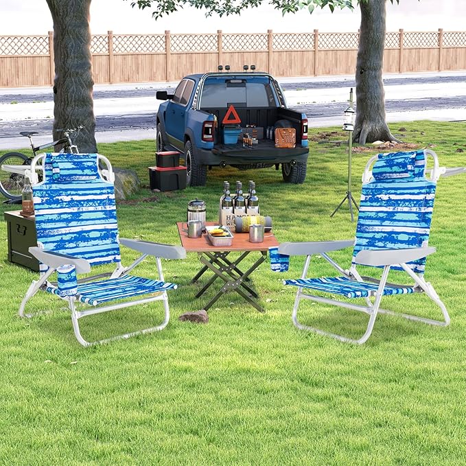 GYMAX Beach Chairs, 2Pcs Folding Camping Chair with Adjustable Backrest, Shoulder Strap, Cup Holder & Headrest - Photo 9
