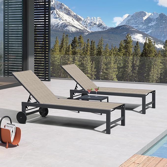 PURPLE LEAF Chaise Lounge Chair with Wheels for Outside 4 Pieces Aluminum Outdoor Lounge Chairs with 5 Adjustable Position Recliner for Patio Beach Yard Pool Side Table Included Camel