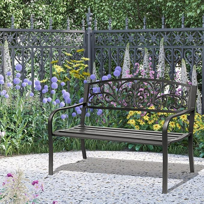 50" Metal Garden Benches for Outside, Front Porch Bench with Floral Pattern Backrest, Patio Yard Benches with Slatted Seat for Outdoors Park/Entryway/Backyard (Black)