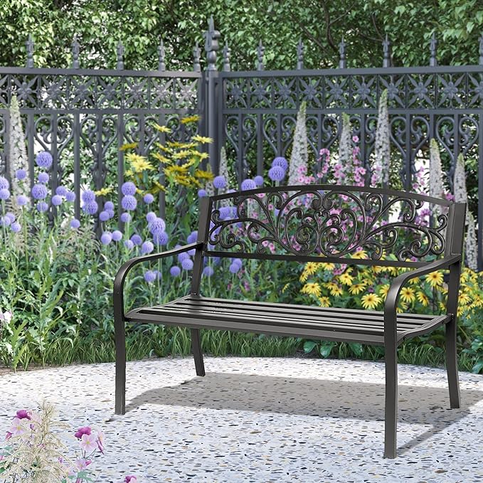 50" Outdoor Bench, Metal Garden Bench with Floral Pattern Backrest, Porch Bench with Slatted Seat for Park, Yard, Lawn, Black
