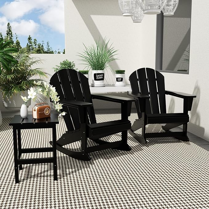 WO WESTIN OUTDOOR HDPE Laguna Outdoor Rocking Poly Adirondack Chair with Side Table 3-Piece Set, Black