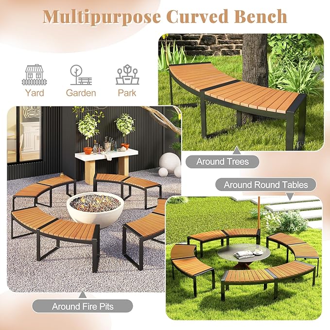 Moccha Outdoor Curved Bench, Acacia Wood Fire Pit Bench w/Slatted Seat, Metal Frame, Loveseat, Outside Chair, Patio Backless 2-Person Seating for Yard Deck Porch 800 LBS Max Load, Oil Painted (1)