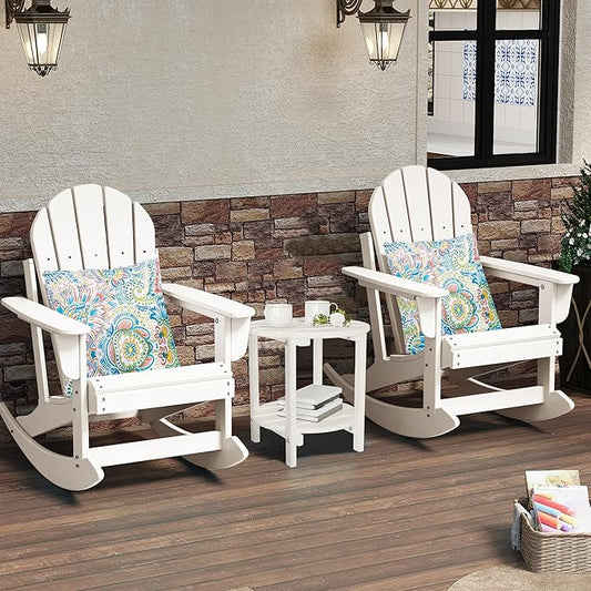 Sundale Outdoor Rocking Chair Set of 2 with Pillow, Patio Plastic All Weather Adirondack Rocker for Proch, Water Resistant for Outside, Garden, Pool, Yard, White