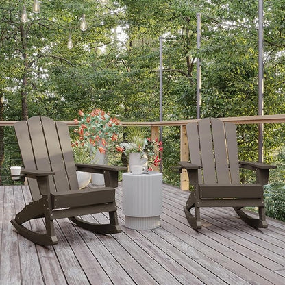 Flash Furniture Newport Adirondack Rocking Chairs with Cup Holder, Weather Resistant Poly Resin Adirondack Rocking Chairs, Set of 2, Brown