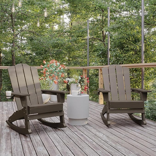 Flash Furniture Newport Adirondack Rocking Chairs with Cup Holder, Weather Resistant Poly Resin Adirondack Rocking Chairs, Set of 2, Brown