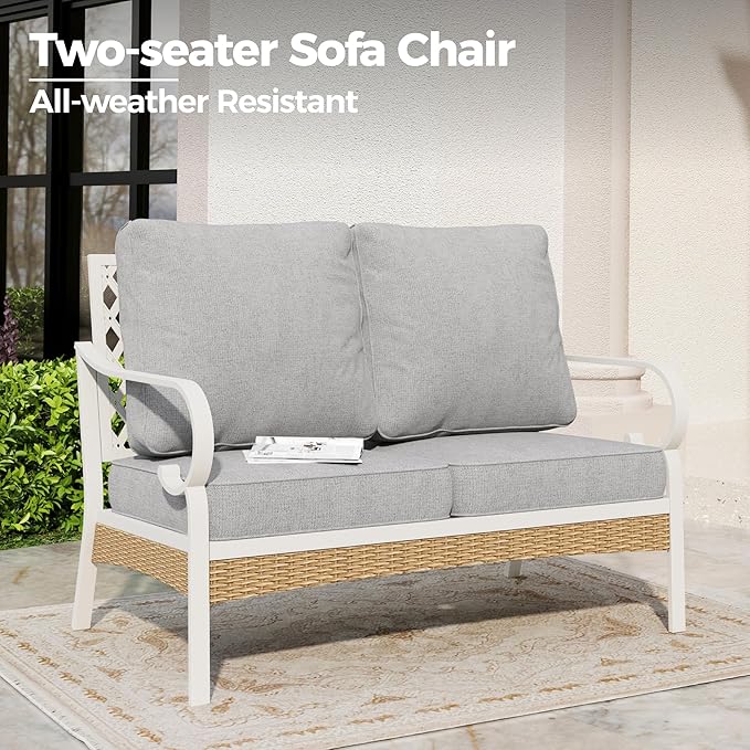 Metal Patio Furniture Loveseat with 5.75" Extra Thick Waterproof Cushion, 2-Seater Deep Seating & High-Back White Outdoor Couch All Weather Outdoor Seating for Gazebo Porch, Light Gray